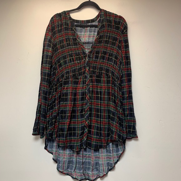 torrid Tops - Torrid Plaid Tunic Blouse Womens 2 Multicolor Excellent Smocked High Low Hem